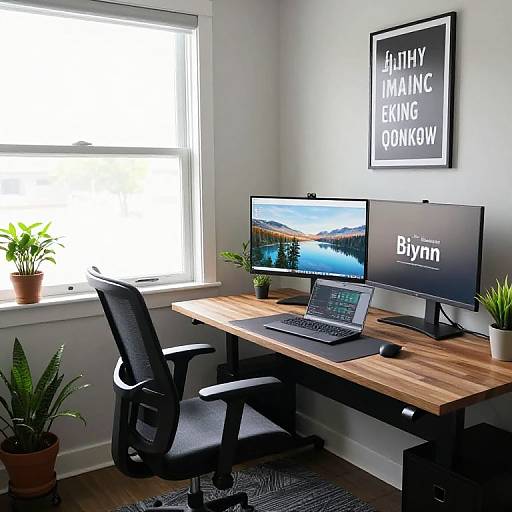 Modern home office with wooden desk, two monitors, laptop, black chair, potted plants, window, and motivational 