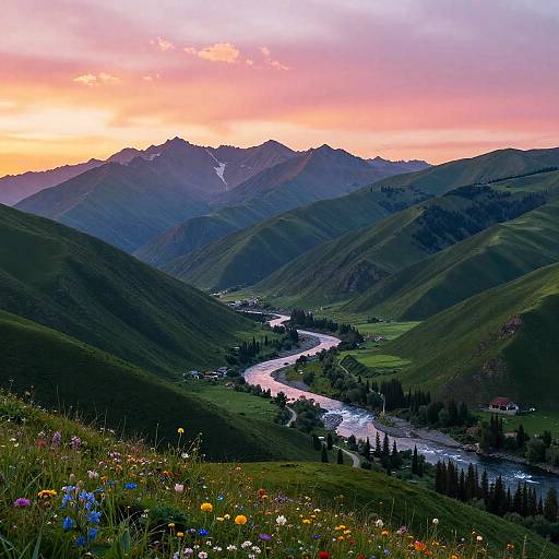Photograph of a vibrant mountain landscape at sunset, featuring a winding river, green hills, colorful wildflowers, and a pink-orange sky.
