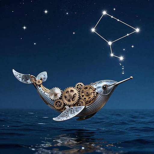 Digital artwork of a whale made from gears and metal, flying through a starry night sky with a constellation. Ocean below.