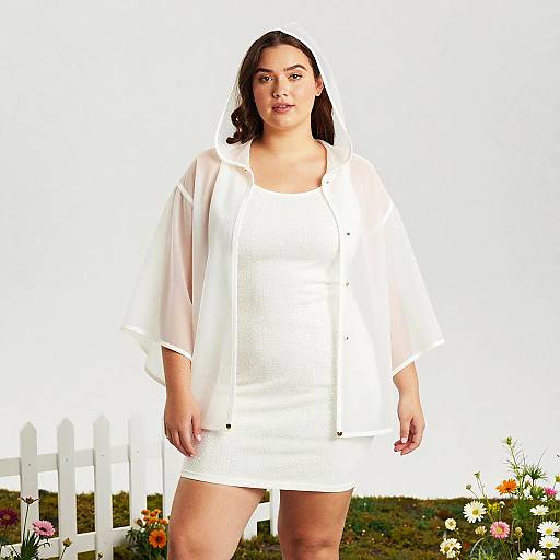 Photograph of a plus-sized woman with fair skin and dark brown hair, wearing a white dress and sheer white jacket, standing in a garden with colorful