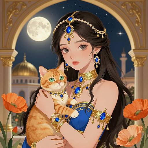 Enchanting Woman with Cat Under Moonlight