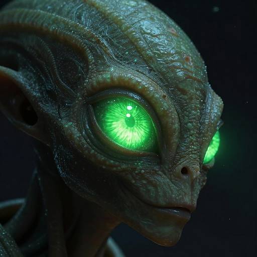 Close-up CGI of an alien with textured, green-scaled skin and glowing, intense green eyes, set against a dark background.