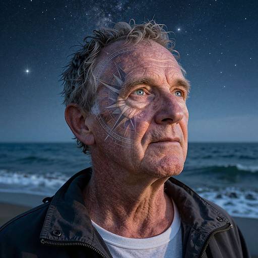 Photographic portrait of an elderly man with curly gray hair, wearing a dark jacket, standing on a starry beach at night, with a cosmic face