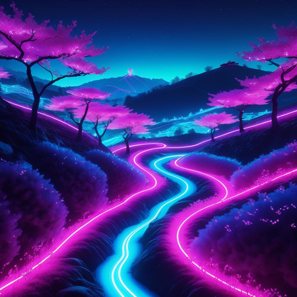 Vibrant Neon Hillside with Cherry Blossoms