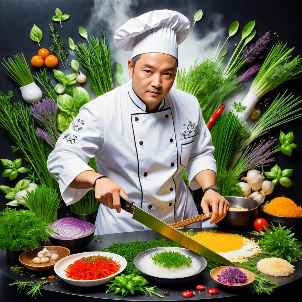 Dynamic Chef Surrounded by Floating Ingredients