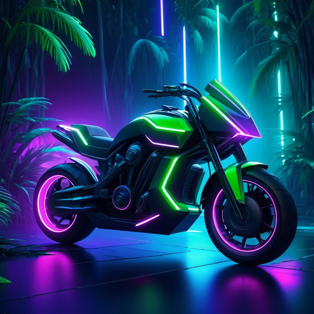 Futuristic Motorcycle in Neon Jungle Mirage