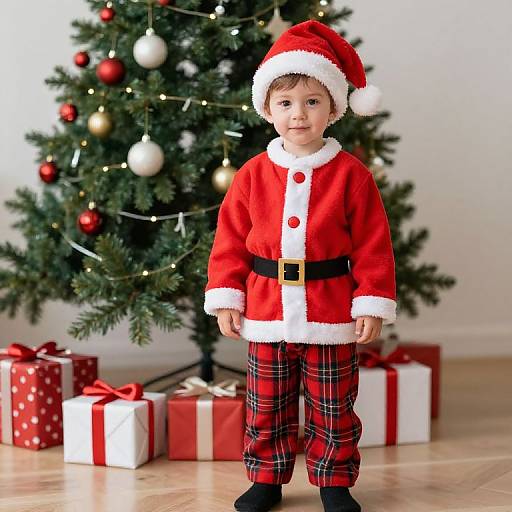 Young Boy in Santa Suit by Tree