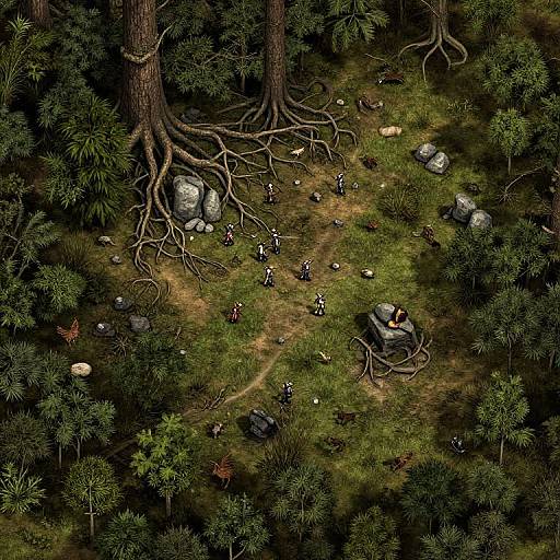 Aerial view photograph of a dense forest: small figures in black and white scattered among tall trees, rocks, and lush greenery.