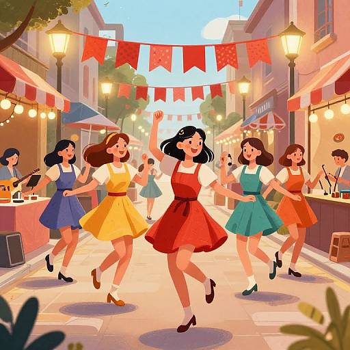 Joyful Girls Dancing in Festive Market
