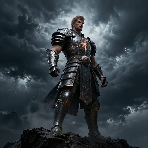 Photorealistic CGI of a muscular, armored warrior with spiked hair standing on a rock under a dramatic, cloudy, moonlit sky.