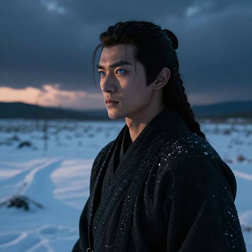 Photograph-style CGI of a serious, blue-eyed man with long dark hair in a black robe standing in a snowy, twilight landscape.