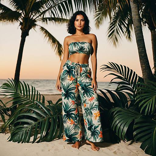 Woman in Tropical Print Beach Outfit at Sunset