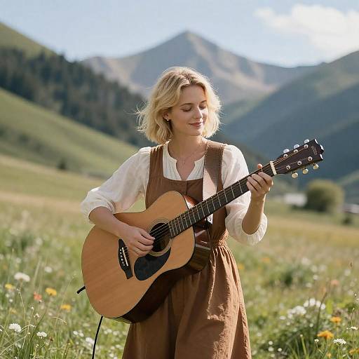 Woman Playing Guitar in Mountain Meadow