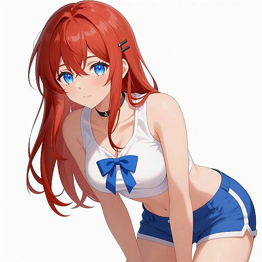 Anime girl with red hair in summer outfit