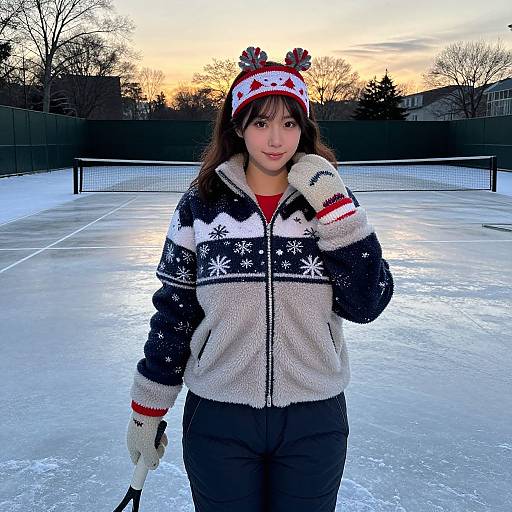 Young Asian woman standing on a frozen tennis court at sunset, wearing a winter jacket with snowflakes, black pants, and a red-white hat with