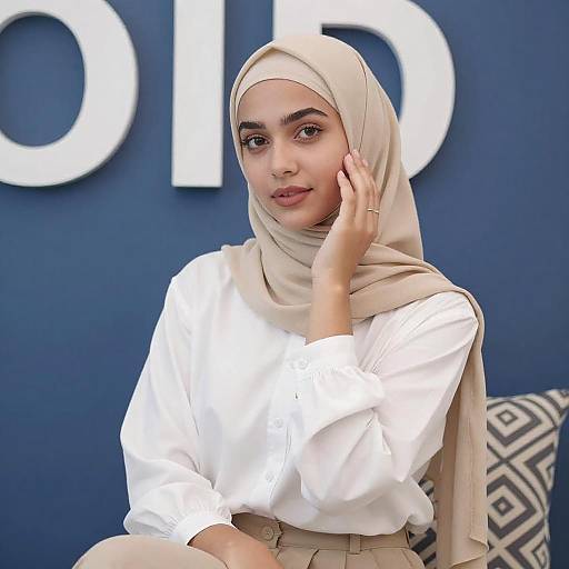 Young Woman in Beige Hijab Sitting