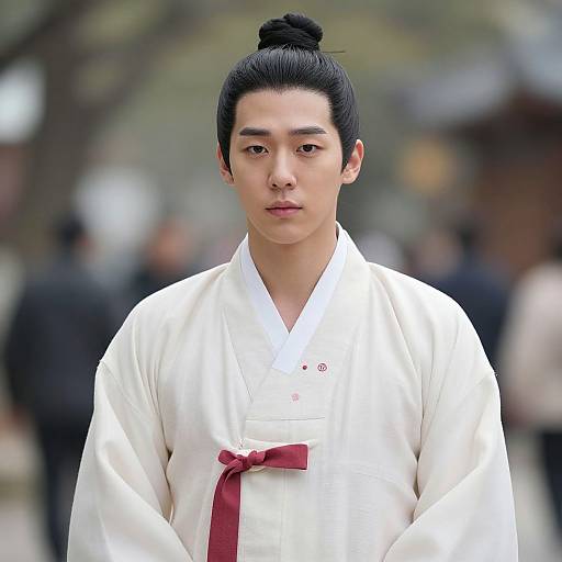 Photograph of an Asian man with a topknot hairstyle, wearing a white traditional Korean hanbok with a red sash, standing outdoors with