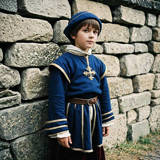 Photograph of a young boy in medieval-style blue outfit with cross embroidery, brown belt, and blue cap, standing against a stone wall.