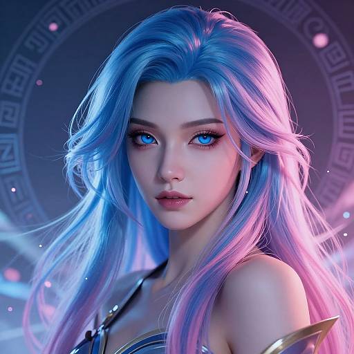 Digital artwork of a stunning, blue-eyed, blue-purple-haired woman with glowing skin, wearing a metallic top, set against a circular, geometric background.