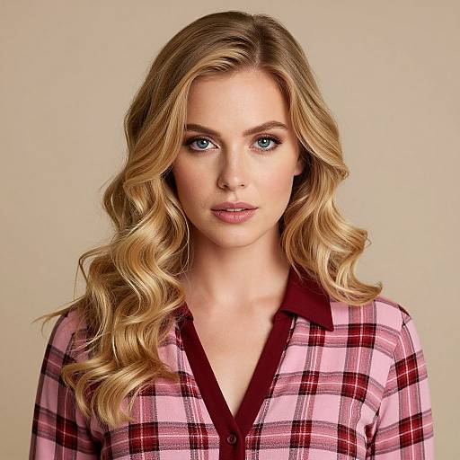 Photograph of a blonde woman with blue eyes, wearing a pink and maroon plaid shirt with a burgundy collar, against a beige background.