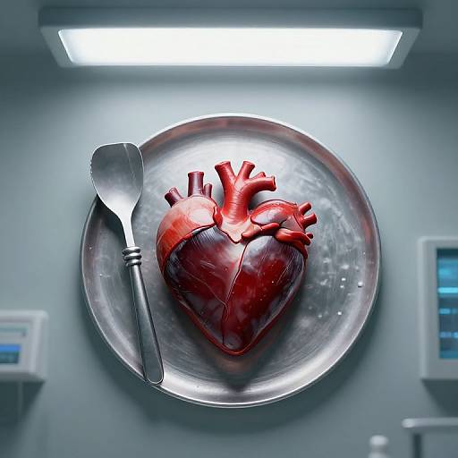 Photograph of a realistic, red, heart model in a metallic bowl with a silver spoon, under bright fluorescent light in a sterile, futuristic medical setting