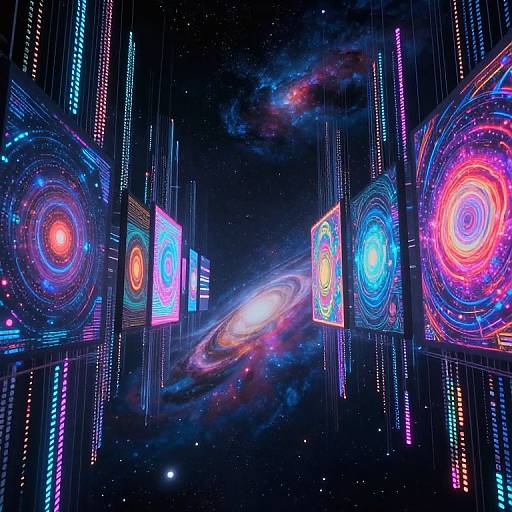 Digital artwork of a cosmic scene with vibrant, glowing, neon-colored rings and squares floating in space, set against a starry, galaxy-filled background.