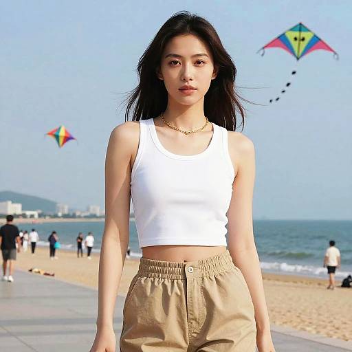 Photograph of an Asian woman with long black hair, wearing a white crop top and beige pants, standing on a sunny beach with colorful kites in