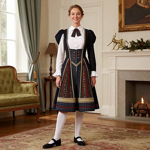 Photograph of a smiling woman in a traditional black and white embroidered dress, white shirt, white stockings, and black shoes, standing in a well-l