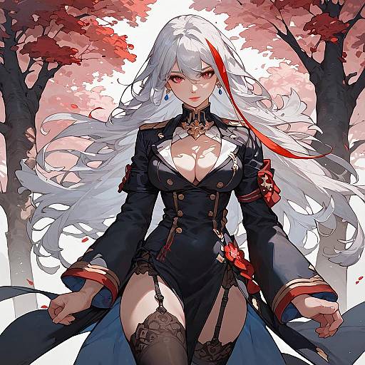 Digital anime-style drawing of a white-haired woman with red eyes, wearing a revealing black military-style outfit, standing in a red-leafed forest.