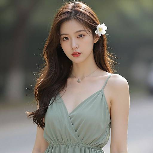 Photograph of an East Asian woman with long brown hair, wearing a green V-neck dress, a white flower in her hair, and a delicate necklace