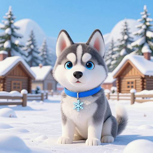 Cute Huskie Puppy in Snowy Village