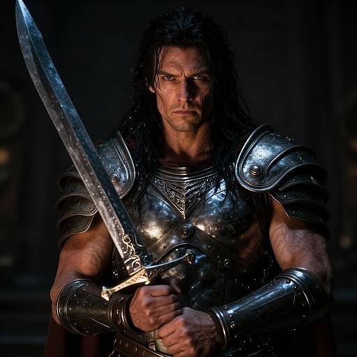 Photograph of a muscular, dark-haired man in shiny, medieval-style silver armor holding a large, gleaming sword with a determined expression. Dimly