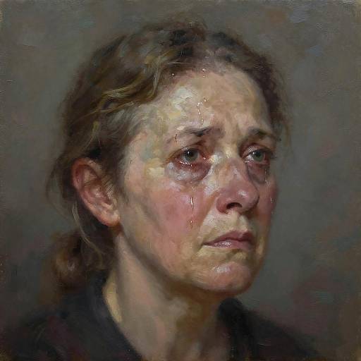 Realistic oil painting of a middle-aged woman with fair skin, brown hair, and sad expression, wearing a dark top, against a muted gray background