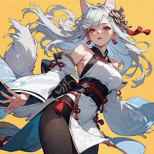 Digital anime-style illustration of a white-haired, red-eyed, fox-eared woman in a white and black traditional outfit, yellow background, flowing hair,
