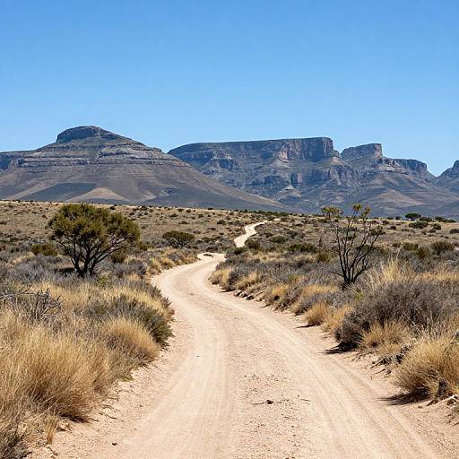 Photograph of a sunlit desert landscape with a winding dirt path leading to rugged, blue-hued mountain ranges under a clear, bright blue sky.