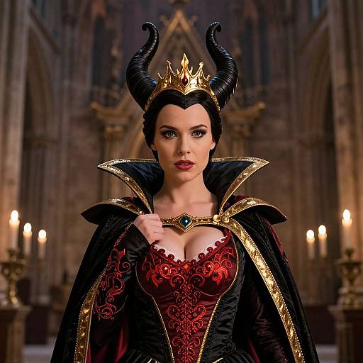 Photograph of a fair-skinned woman with black hair, wearing a gold crown, black velvet cape, and red lace corset, standing in a