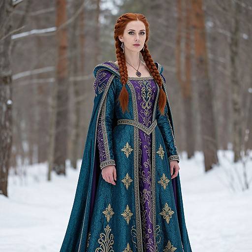 Photograph of a red-haired woman with braids, wearing a detailed, medieval-style blue and purple gown with gold embroidery, standing in a snowy forest