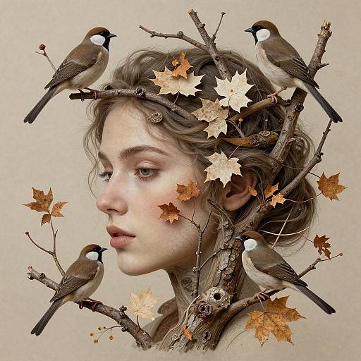 Digital artwork of a young woman with wavy brown hair, surrounded by brown birds and autumn leaves on a branch, against a beige background.