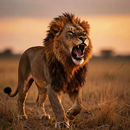 Photograph of a roaring male lion with a dense, dark mane, standing in a dry grassy savanna at sunset, showcasing its powerful stance and