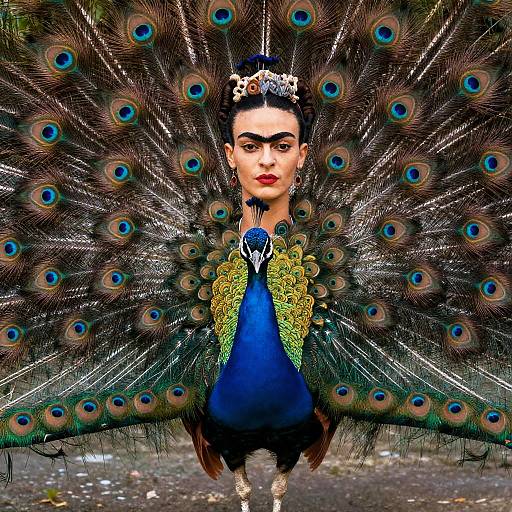 Photograph of a woman with dark hair in a crown, red lipstick, wearing a peacock feathered blue and green costume, standing in front of