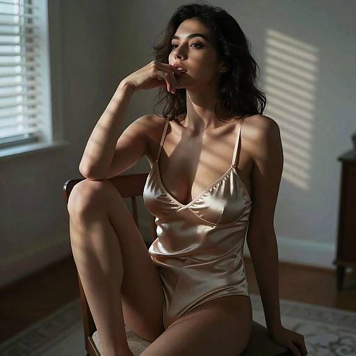 Photograph of a dark-haired woman with medium skin tone, wearing a satin camisole, seated in a sunlit room, shadows on the wall