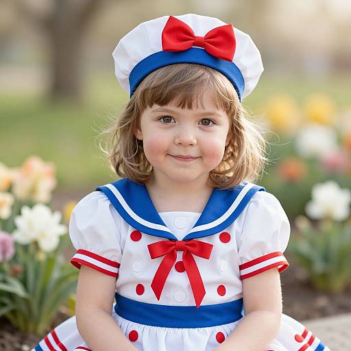Photograph of a cute young girl with brown hair, wearing a white sailor dress with red and blue accents, and a matching hat with a red bow