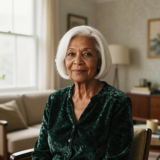 Photograph of an elderly woman with short white hair, wearing a dark green velvet button-up shirt, smiling in a sunlit living room.