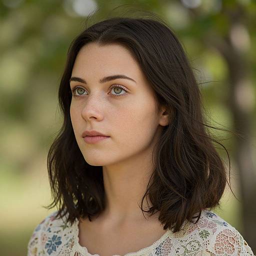Photograph of a fair-skinned woman with green eyes, shoulder-length dark brown hair, wearing a floral lace top, against a blurred green outdoor background