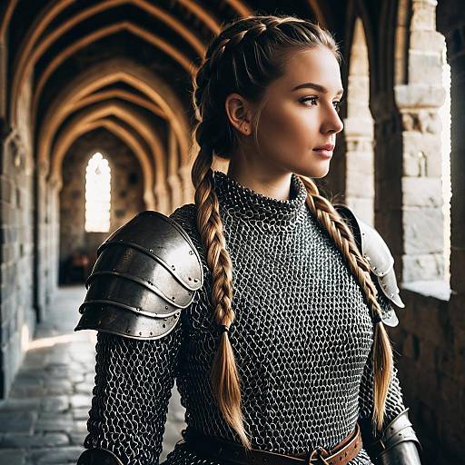 Medieval Warrior Woman with Braided Hair in Castle