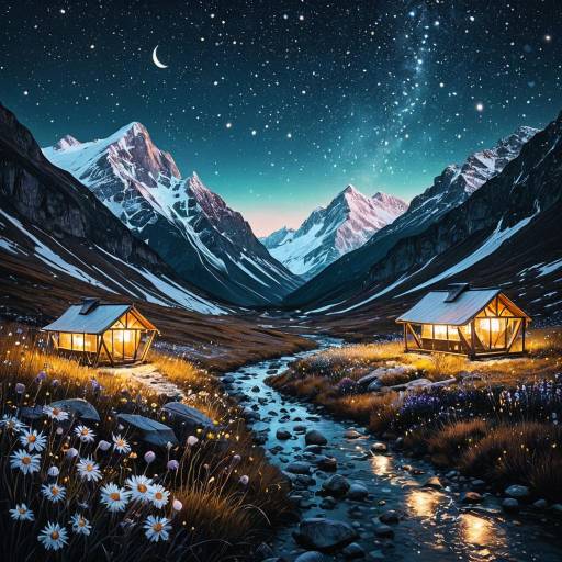 Mountain Valley at Night with Glowing Lanterns