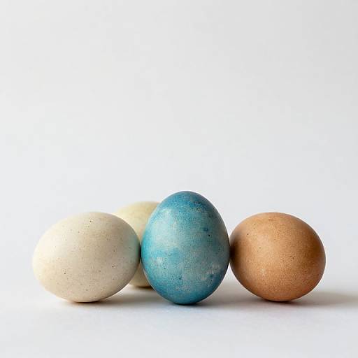 Photograph of three eggs: left is white, middle is blue with speckles, right is brown, all against a white background.