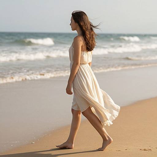 Photograph of a young woman with long brown hair, wearing a flowing white dress, walking barefoot on a sunny beach with gentle waves in the background