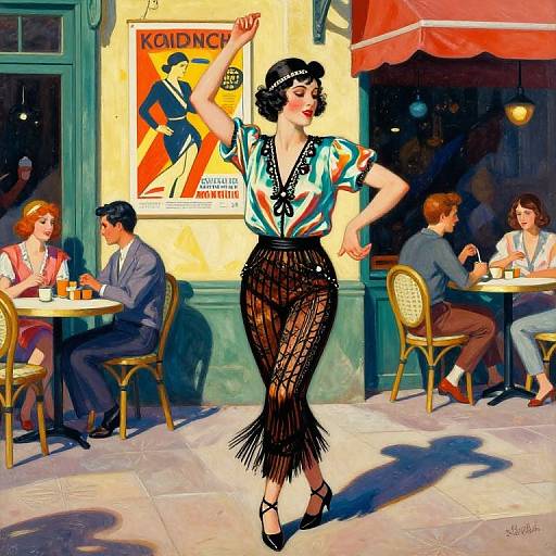 Digital painting of a flapper dancer in a colorful top and black fringe skirt, mid-dance outside a Paris café with seated patrons. Bright, vivid