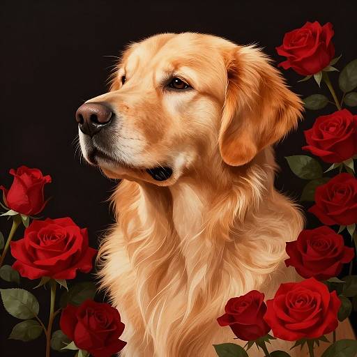 Golden Retriever with Red Roses Illustration